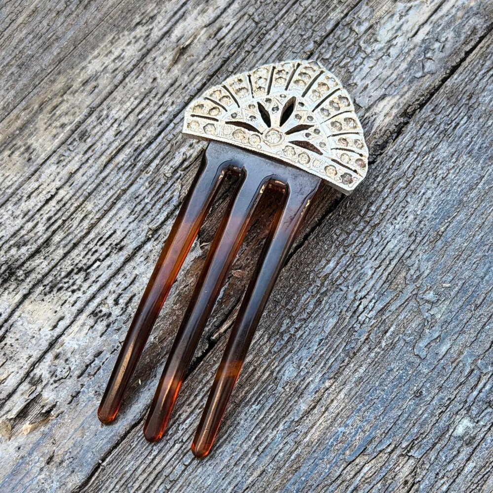 1920s Art Deco Celluloid Silver Rhinestone Hair Clip Comb Vintage Tortoise shell - Picture 2 of 6